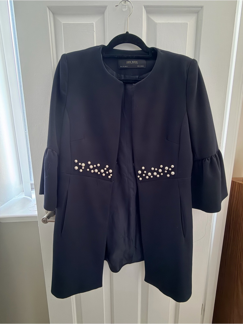 Zara Basic Collection Navy Bell Sleeve Pearl Jacket, Size L